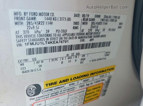 1FMJU1LT4KEA76701 2019 FORD EXPEDITION White Вид наклейки з VIN-кодом
