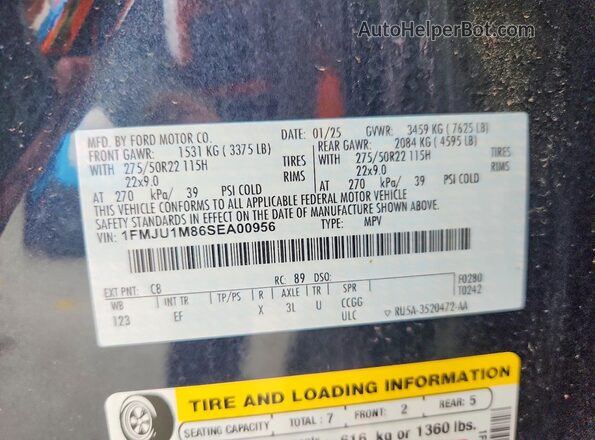 1FMJU1M86SEA00956 2025 FORD EXPEDITION Blue VIN კოდის სტიკერის ხედი