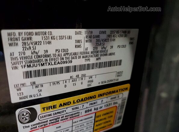 1FMJU1MTXLEA09939 2020 FORD EXPEDITION Black VIN კოდის სტიკერის ხედი