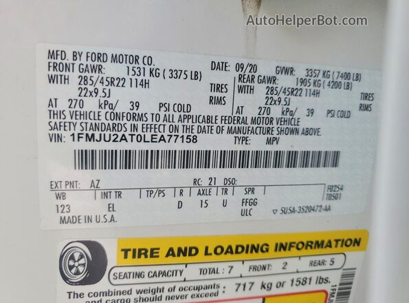 1FMJU2AT0LEA77158 2020 FORD EXPEDITION White VIN կոդի պիտակի տեսք