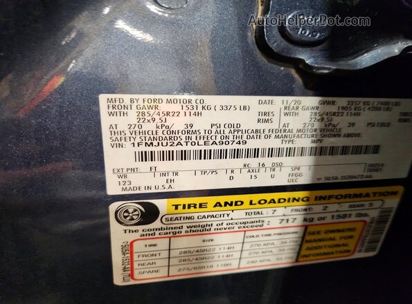 1FMJU2AT0LEA90749 2020 FORD EXPEDITION Blue Widok wnętrza 360 stopni