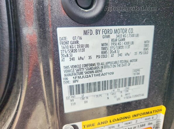 1FMJU2AT1HEA07109 2017 FORD EXPEDITION Gray Widok naklejki z numerem VIN