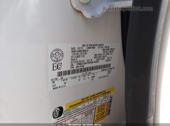 1FMJU2AT3KEA16255 2019 FORD EXPEDITION White Vista del compartimento del motor