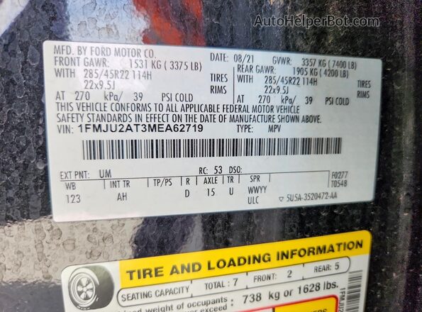 1FMJU2AT3MEA62719 2021 FORD EXPEDITION Black Vista de la etiqueta del VIN