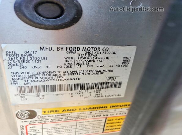1FMJU2AT5HEA69810 2017 FORD EXPEDITION Silver Widok wnętrza 360 stopni