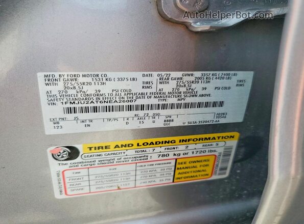 1FMJU2AT6NEA26007 2022 FORD EXPEDITION Silver VIN sticker view