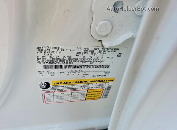 1FMJU2AT6NEA60982 2022 FORD EXPEDITION White VIN կոդի պիտակի տեսք