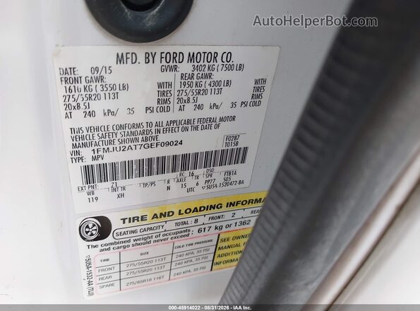 1FMJU2AT7GEF09024 2016 FORD EXPEDITION White ძრავის განყოფილების ხედი