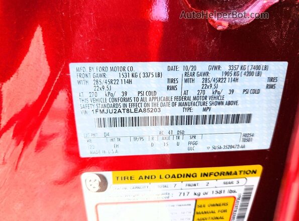 1FMJU2AT8LEA85203 2020 FORD EXPEDITION Red VIN sticker view
