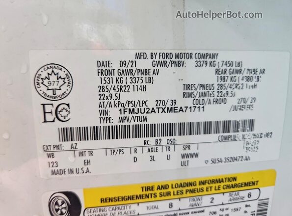1FMJU2ATXMEA71711 2021 FORD EXPEDITION White Вид наклейки з VIN-кодом