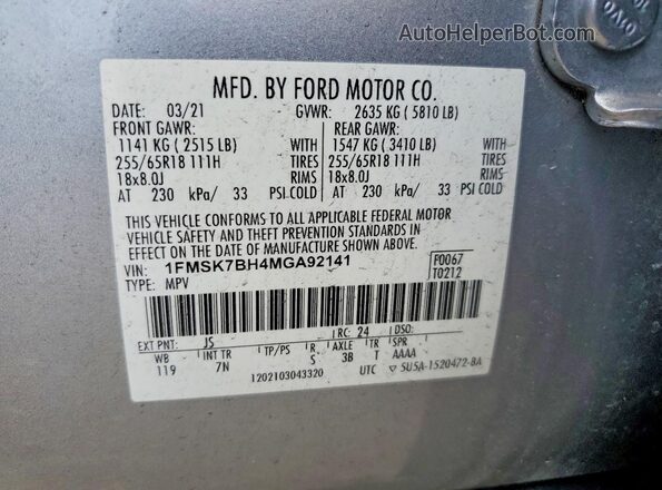 1FMSK7BH4MGA92141 2021 FORD EXPLORER Silver VIN կոդի պիտակի տեսք