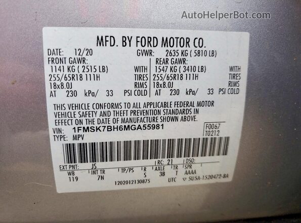 1FMSK7BH6MGA55981 2021 FORD EXPLORER Silver VIN კოდის სტიკერის ხედი
