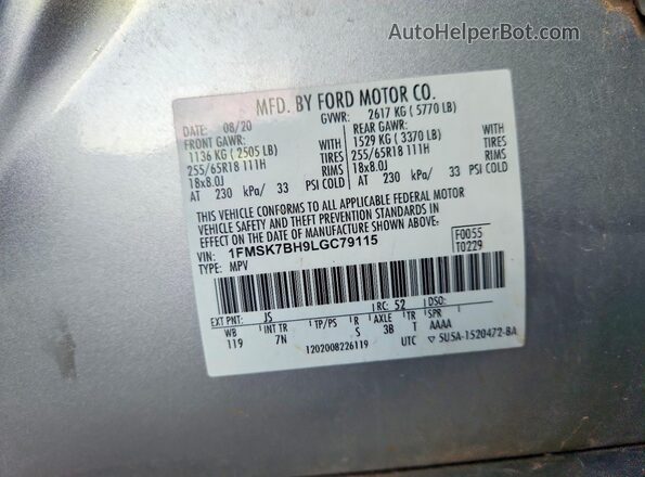 1FMSK7BH9LGC79115 2020 FORD EXPLORER Silver Вид наклейки з VIN-кодом