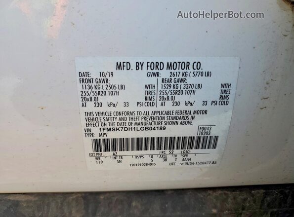 1FMSK7DH1LGB04189 2020 FORD EXPLORER White Սալոնի 360 աստիճան տեսք