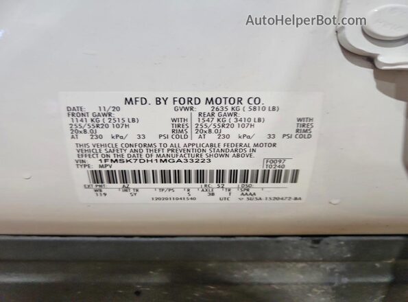 1FMSK7DH1MGA33223 2021 FORD EXPLORER White VIN sticker view