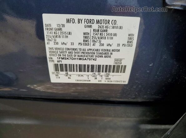 1FMSK7DH1MGA70742 2021 FORD EXPLORER Blue VIN sticker view