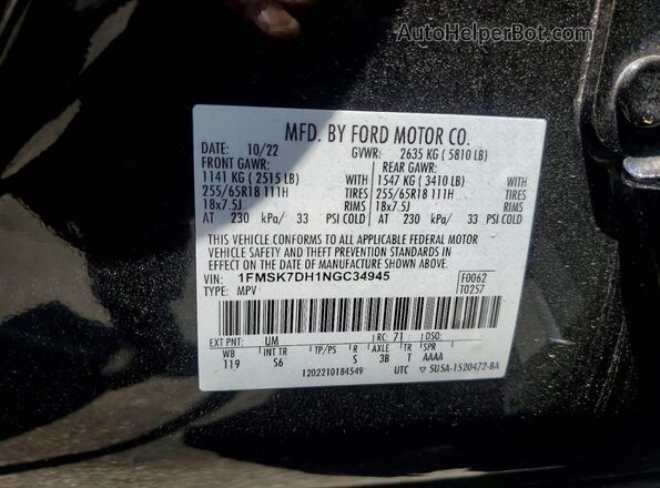 1FMSK7DH1NGC34945 2022 FORD EXPLORER Black Widok naklejki z numerem VIN