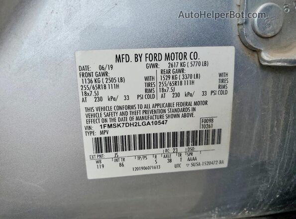 1FMSK7DH2LGA10547 2020 FORD EXPLORER Silver Vista de la etiqueta del VIN