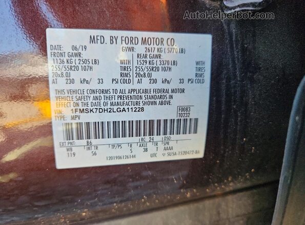 1FMSK7DH2LGA11228 2020 FORD EXPLORER Purple Vista interior de 360 grados