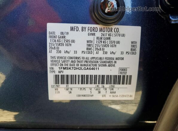 1FMSK7DH2LGA64611 2020 FORD EXPLORER Blue Սալոնի 360 աստիճան տեսք