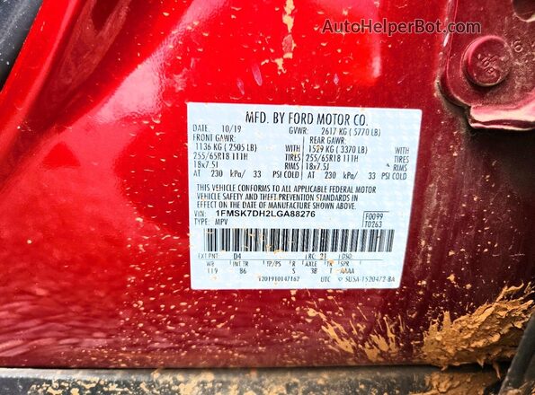 1FMSK7DH2LGA88276 2020 FORD EXPLORER Красный Вид наклейки с VIN-кодом