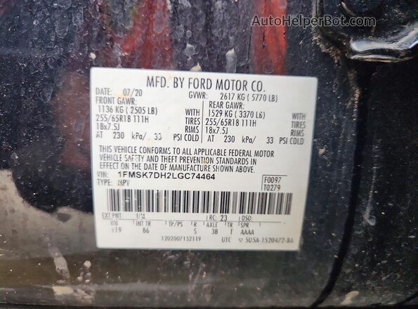 1FMSK7DH2LGC74464 2020 FORD EXPLORER Black Widok wnętrza 360 stopni