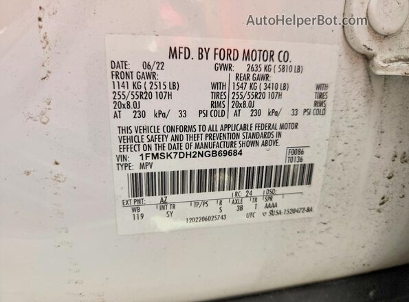 1FMSK7DH2NGB69684 2022 FORD EXPLORER White Engine compartment view
