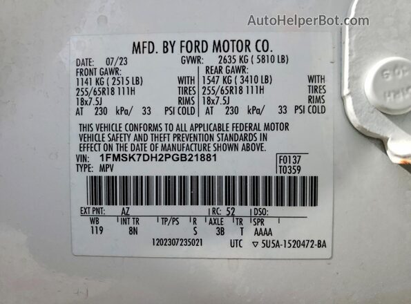 1FMSK7DH2PGB21881 2023 FORD EXPLORER White VIN sticker view