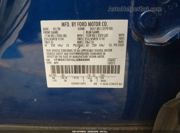 1FMSK7DH3LGB60988 2020 FORD EXPLORER Blue Вид підкапотного простору