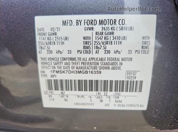 1FMSK7DH3MGB16359 2021 FORD EXPLORER Gray Widok naklejki z numerem VIN
