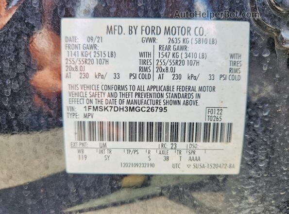 1FMSK7DH3MGC26795 2021 FORD EXPLORER Charcoal Vista interior de 360 grados