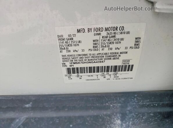 1FMSK7DH3NGA43947 2022 FORD EXPLORER White Սալոնի 360 աստիճան տեսք