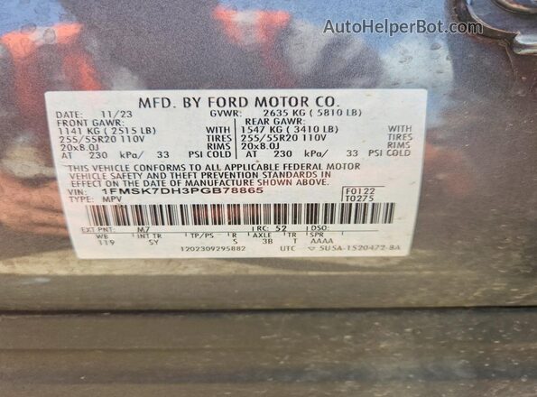 1FMSK7DH3PGB78865 2023 FORD EXPLORER Gray VIN sticker view