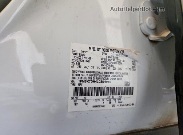 1FMSK7DH4LGB01044 2020 FORD EXPLORER White VIN კოდის სტიკერის ხედი