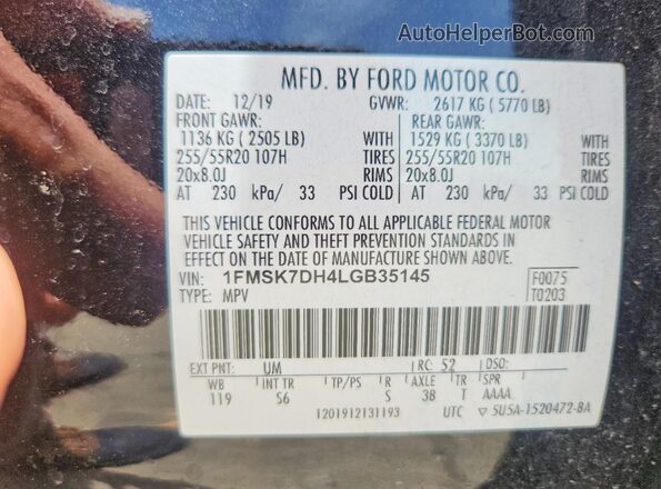 1FMSK7DH4LGB35145 2020 FORD EXPLORER Black Панорамний вид салону 360°