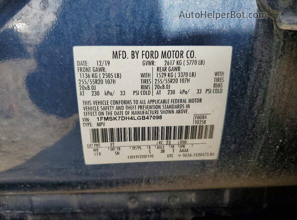 1FMSK7DH4LGB47098 2020 FORD EXPLORER Blue Սալոնի 360 աստիճան տեսք