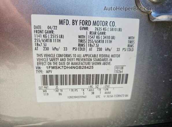 1FMSK7DH4NGB28425 2022 FORD EXPLORER Silver Vista interior de 360 grados