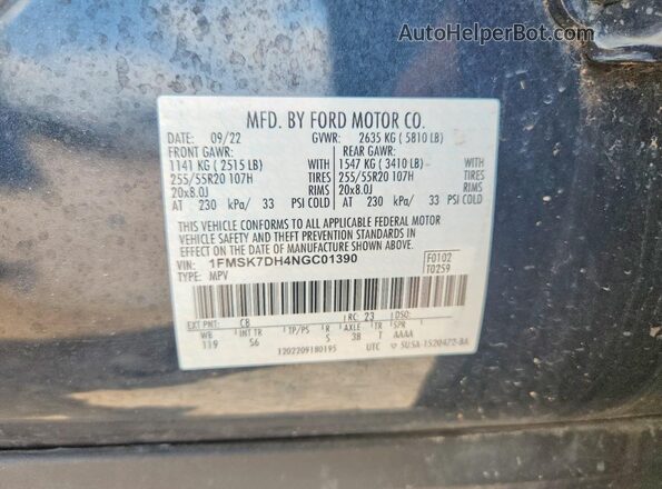 1FMSK7DH4NGC01390 2022 FORD EXPLORER Blue Вид наклейки з VIN-кодом
