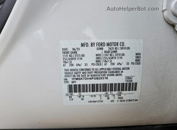 1FMSK7DH4PGB29318 2023 FORD EXPLORER White Շարժիչի բաժամունքի տեսք
