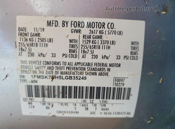 1FMSK7DH5LGB35249 2020 FORD EXPLORER Silver VIN კოდის სტიკერის ხედი