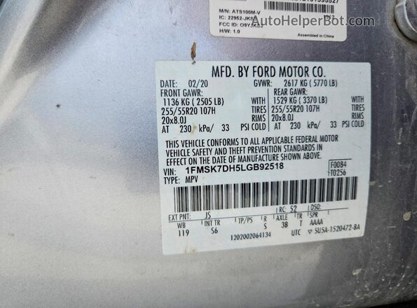 1FMSK7DH5LGB92518 2020 FORD EXPLORER Silver Widok naklejki z numerem VIN