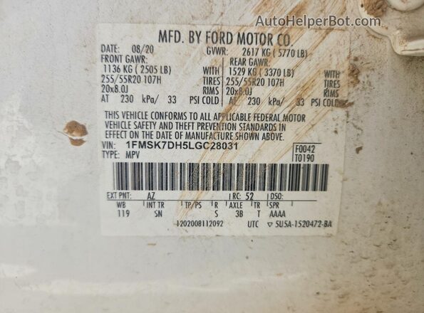 1FMSK7DH5LGC28031 2020 FORD EXPLORER White VIN კოდის სტიკერის ხედი