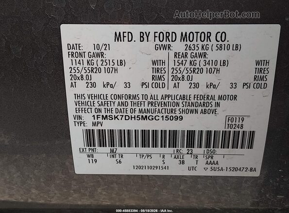 1FMSK7DH5MGC15099 2021 FORD EXPLORER Gray Engine compartment view