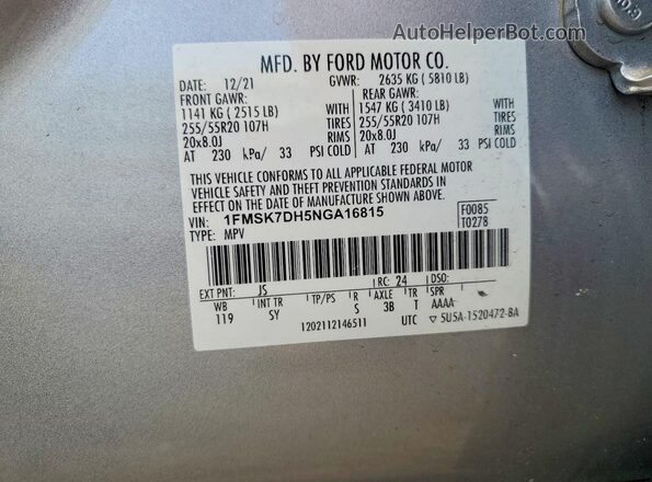 1FMSK7DH5NGA16815 2022 FORD EXPLORER Silver VIN sticker view