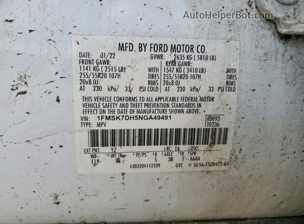 1FMSK7DH5NGA49491 2022 FORD EXPLORER Белый Вид наклейки с VIN-кодом
