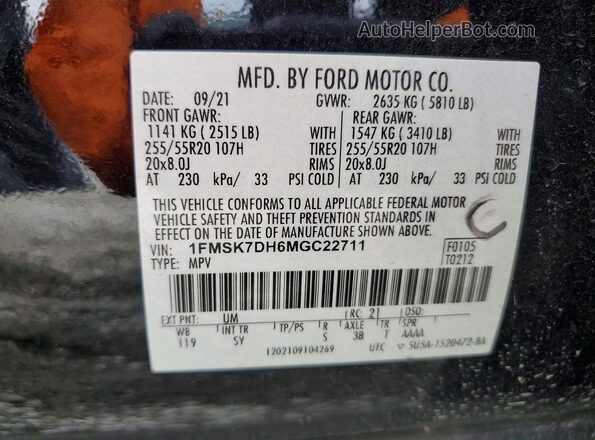 1FMSK7DH6MGC22711 2021 FORD EXPLORER Black VIN sticker view