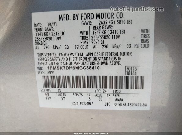 1FMSK7DH6MGC38410 2021 FORD EXPLORER Silver Engine compartment view