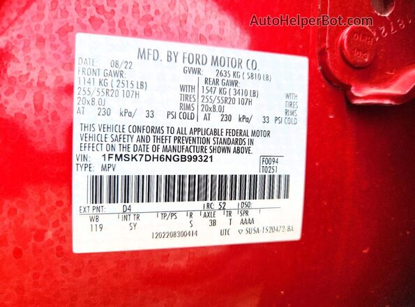1FMSK7DH6NGB99321 2022 FORD EXPLORER Красный Вид наклейки с VIN-кодом