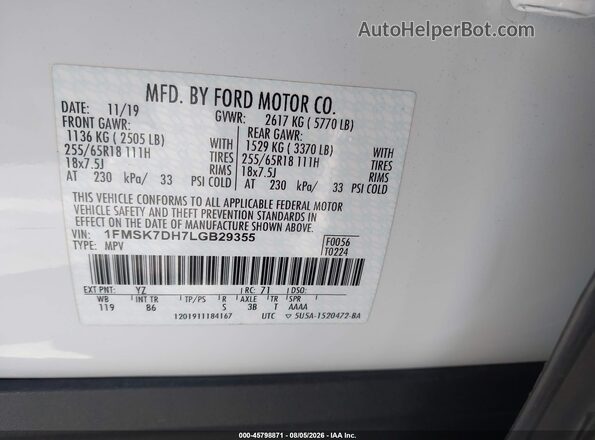 1FMSK7DH7LGB29355 2020 FORD EXPLORER White Vista del compartimento del motor