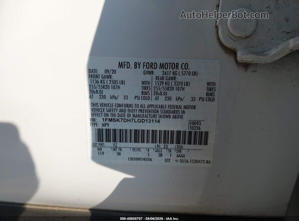 1FMSK7DH7LGD13114 2020 FORD EXPLORER White ძრავის განყოფილების ხედი